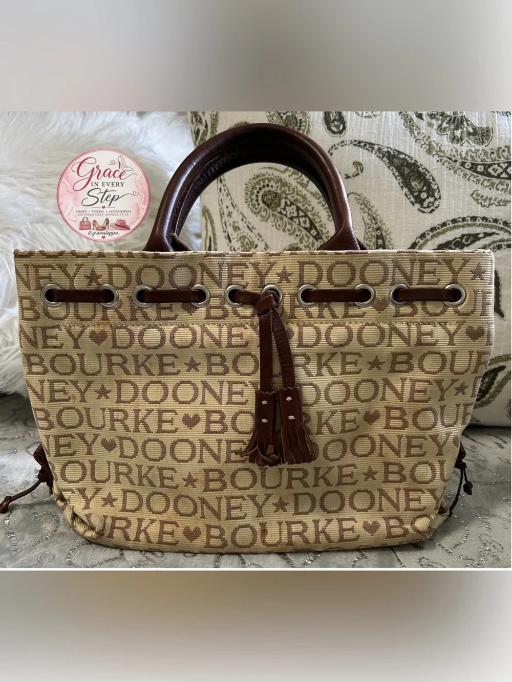 NEW  & Bourke Small Tassle Tan and Brown Logo Jacquard Tote with Leather Trim